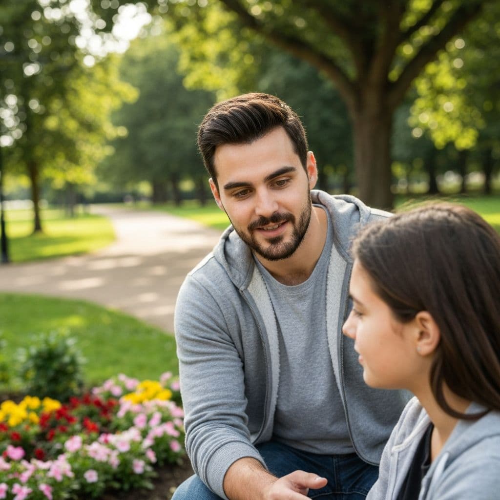 Support worker helping young person in outdoor setting