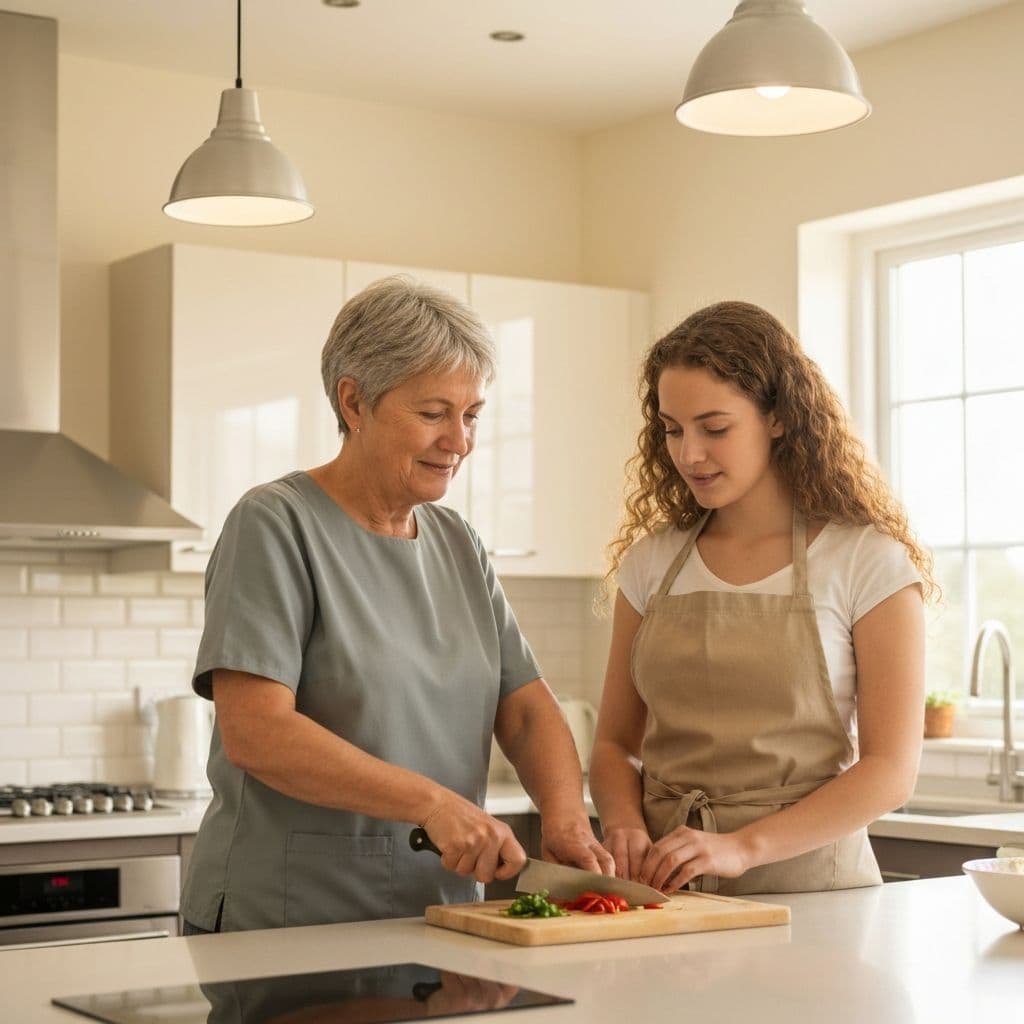 Support worker teaching cooking and life skills to young person