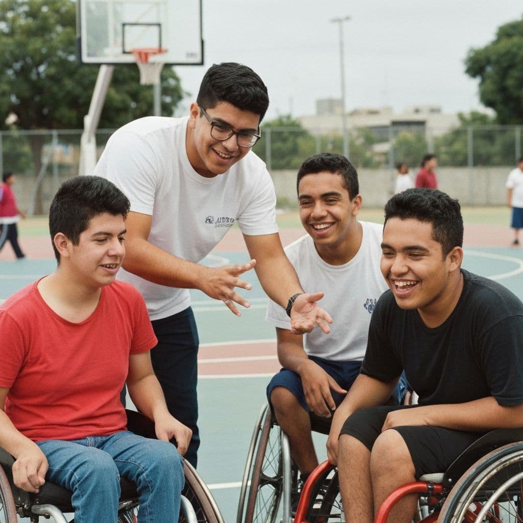 Support worker engaging in community sports activity with youth